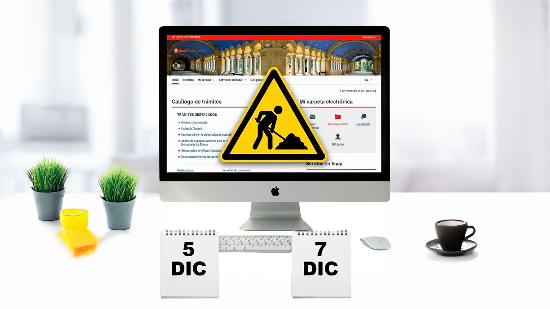 Imagen alegórica de aviso de que la sede electrónica de Bilbao Zerbitzuak no estará operativa durante 2 días por tareas de mantenimiento