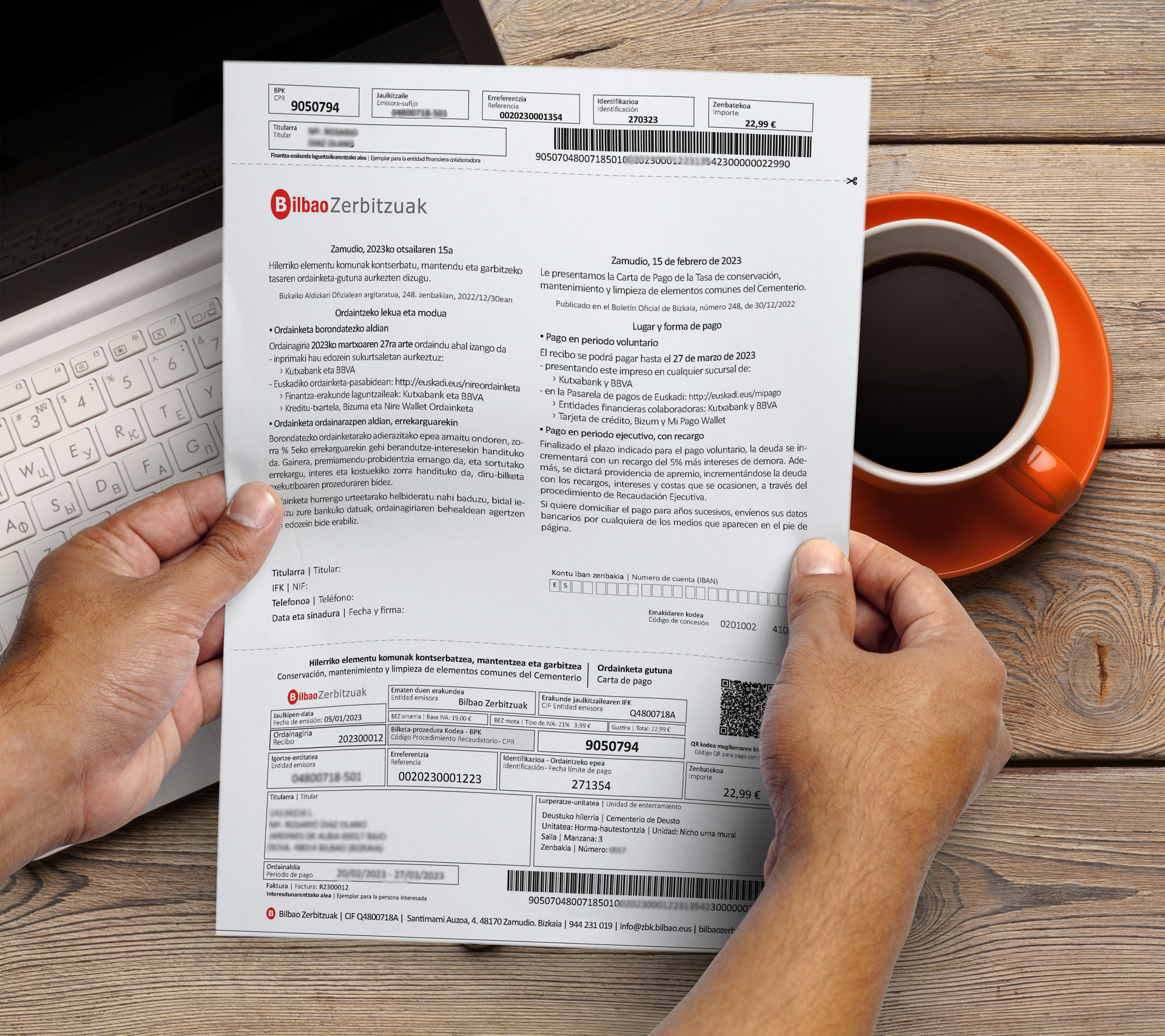 Carta de pago de la tasa de conservación de los cementerios de Bilbao.