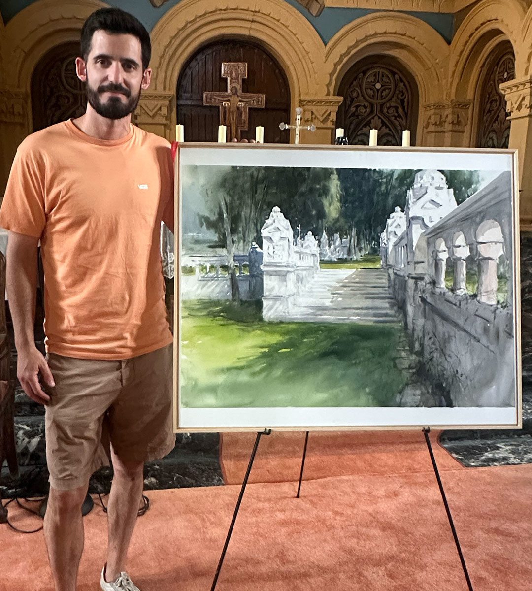 Mikel Sanz Serrano ganador del V Concurso de pintura rápida al aire libre 'Cementerio de Bilbao' con su obra "Escaleras al cielo"